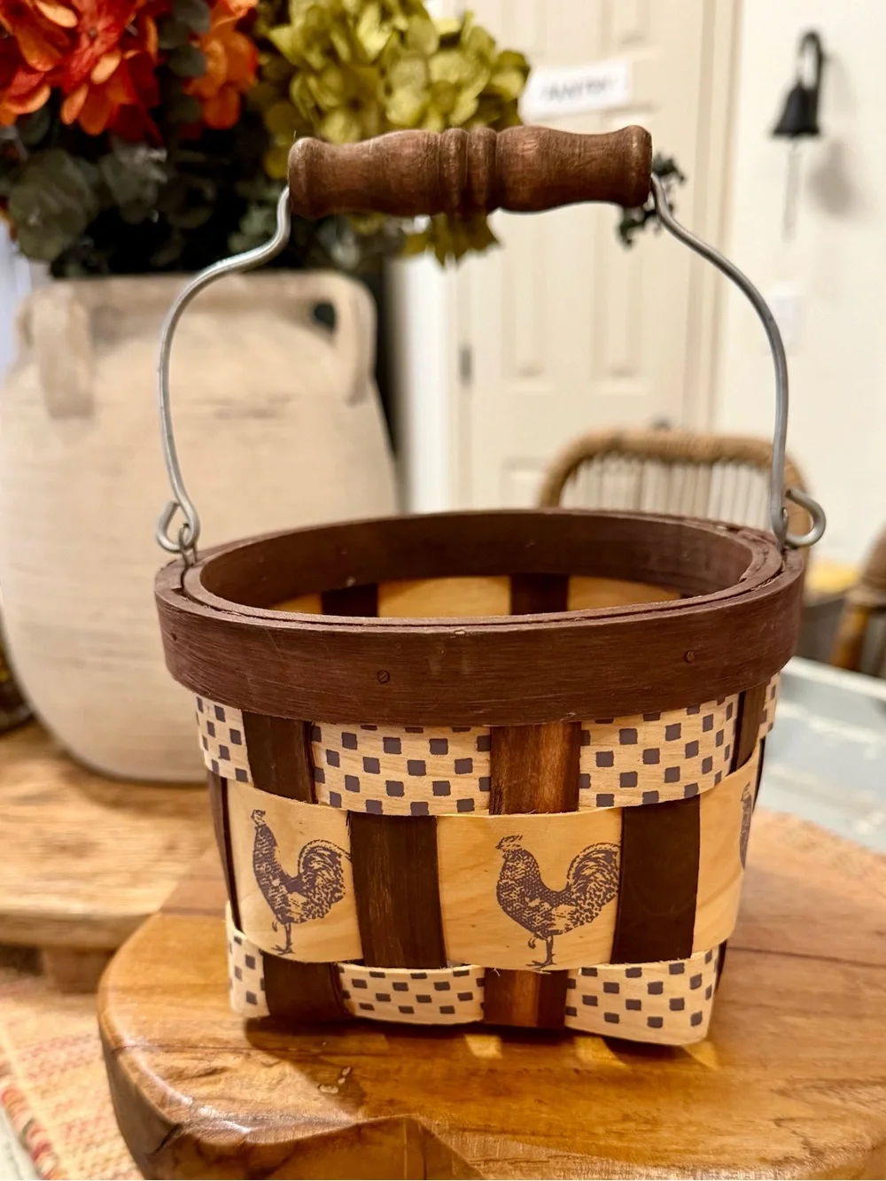 Vintage Hand woven Brown and Cream Rooster Woven Accent Basket
